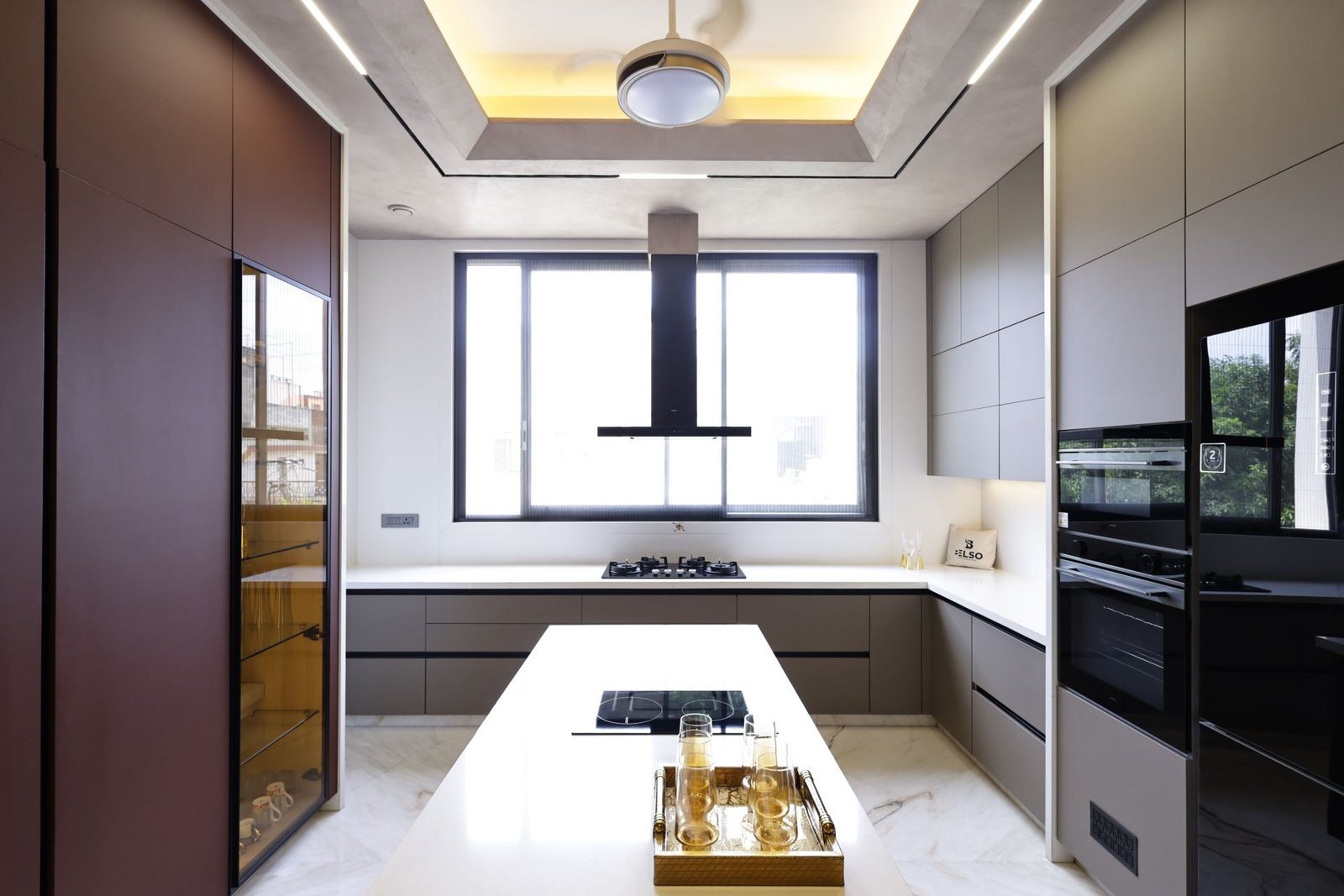 metallic and red kitchen