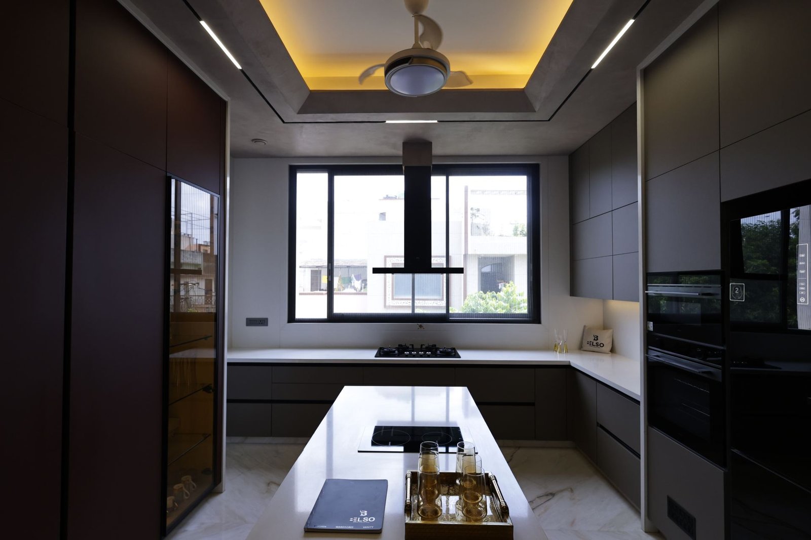 metallic and red kitchen