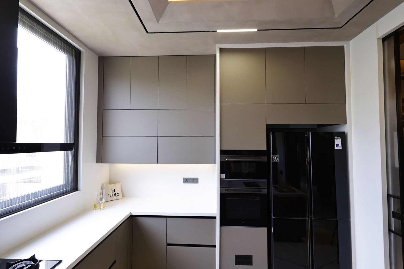 metallic and red kitchen