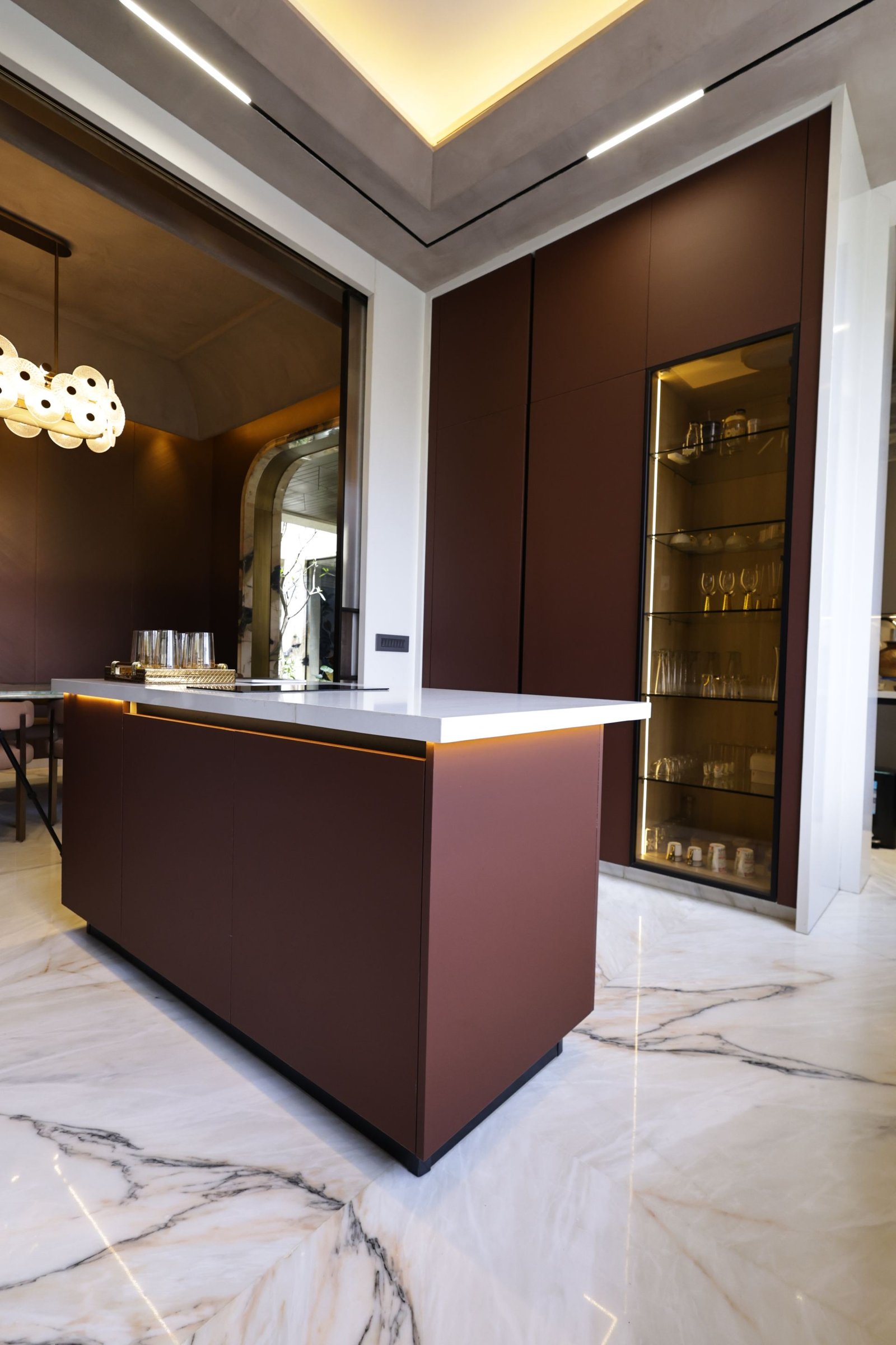 metallic and red kitchen