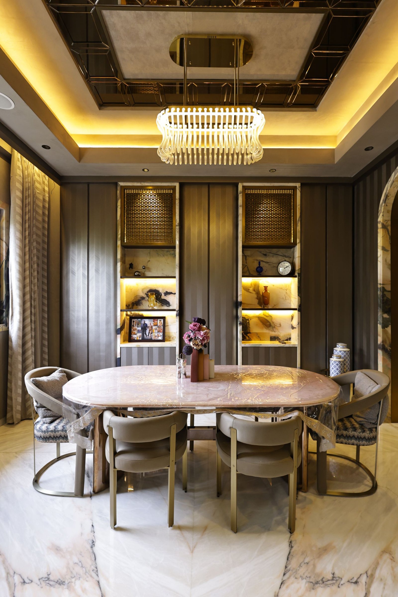metallic and red kitchen